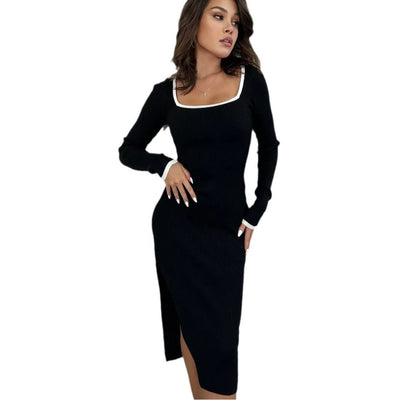 Damen figurbetontes Strickkleid mit quadratischem Ausschnitt und kontrastierenden Ärmeln Heidi-Mode