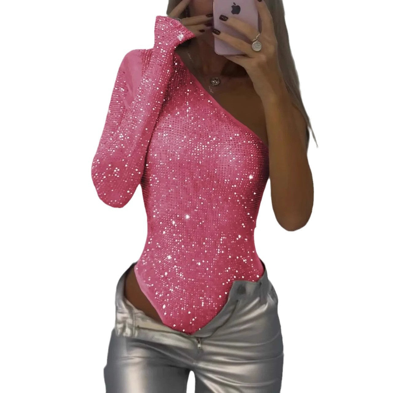 Damen Einseitig Glitzerndes Langarmoberteil mit figurbetontem Schnitt Heidi-Mode
