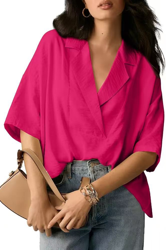 Damen lockeres und stilvolles Blusenoberteil mit V-Ausschnitt und kurzen Ärmeln Heidi-Mode