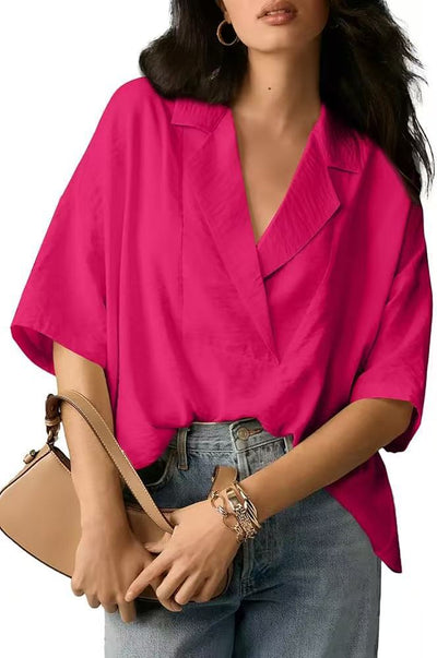 Damen lockeres und stilvolles Blusenoberteil mit V-Ausschnitt und kurzen Ärmeln Heidi-Mode