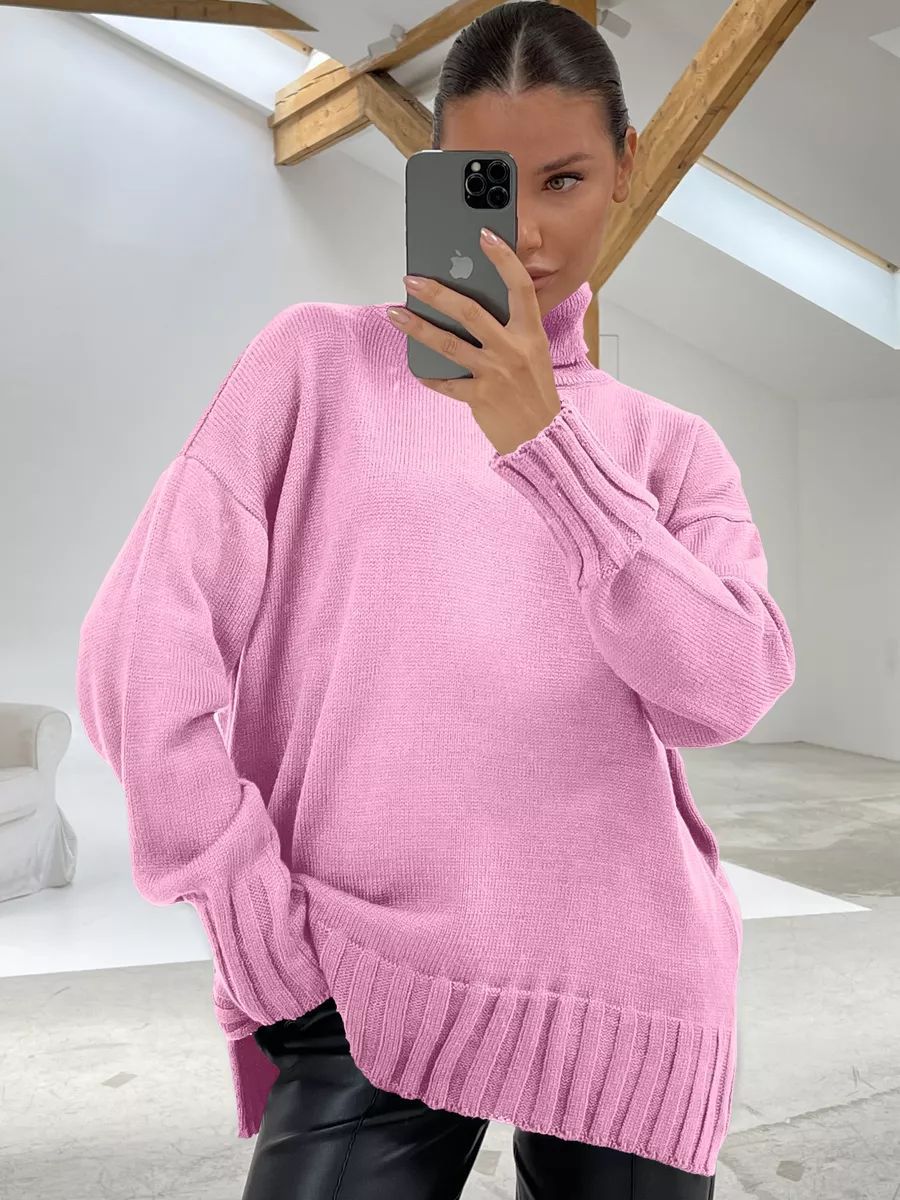 Damen Oversized Strickpullover mit hohem Kragen und seitlichen Schlitzen Heidi-Mode