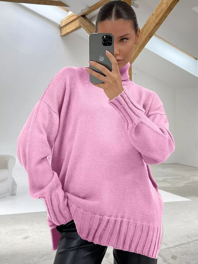 Damen Oversized Strickpullover mit hohem Kragen und seitlichen Schlitzen Heidi-Mode