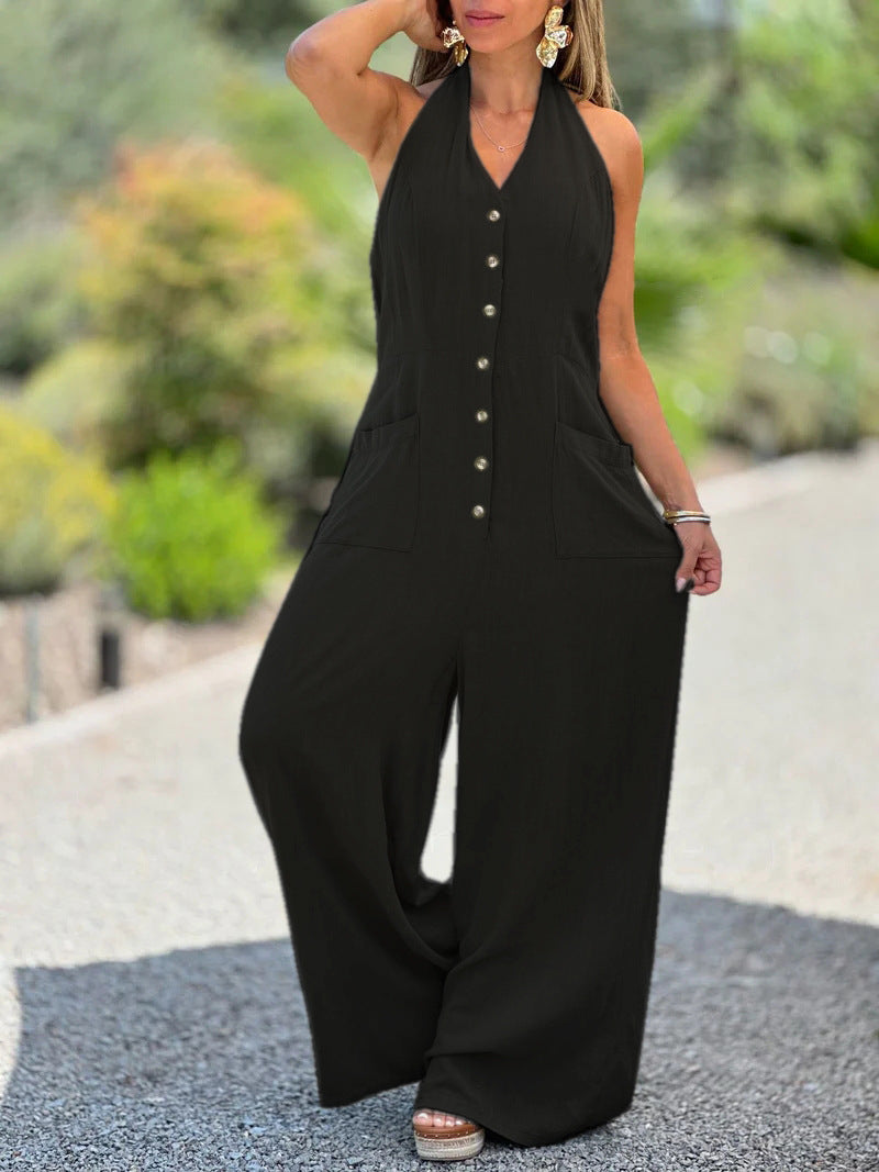 Damen Halter-Jumpsuit mit praktischen Taschen und Knopfverschluss Heidi-Mode