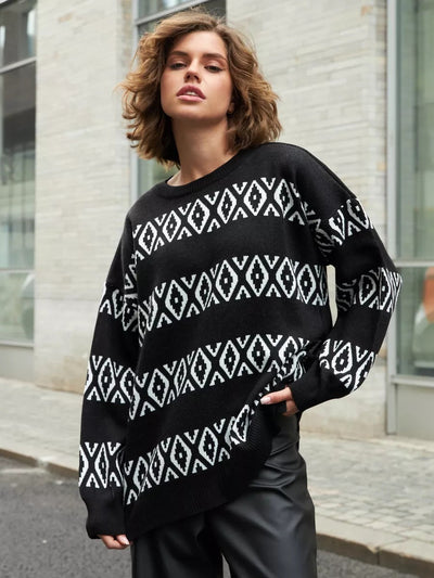 Damen lässiger Strickpullover mit geometrischem Muster Heidi-Mode