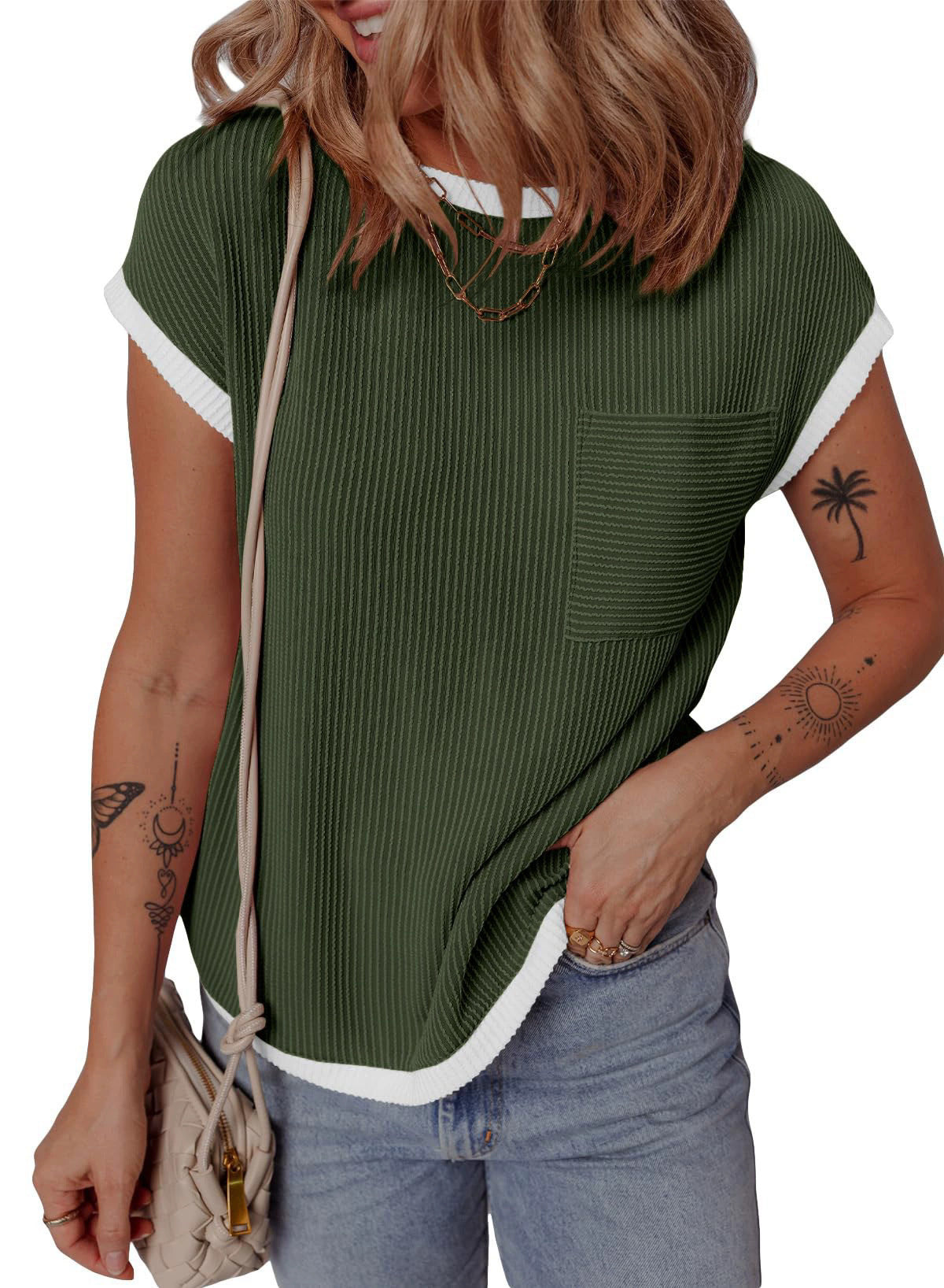 Damen lässiges Kurzarmshirt mit feiner Rippstruktur und praktischer Brusttasche Heidi-Mode