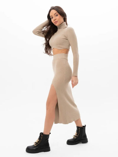 Damen Strick-Oberteil und Midi-Rock Set mit hohen Schlitz-Details Heidi-Mode