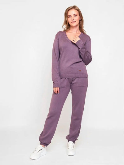 Damen Strickpullover mit tiefem V-Ausschnitt und bequemen Hosen Heidi-Mode