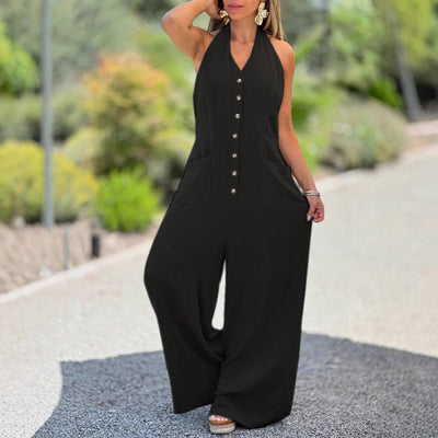 Damen Halter-Jumpsuit mit praktischen Taschen und Knopfverschluss Heidi-Mode