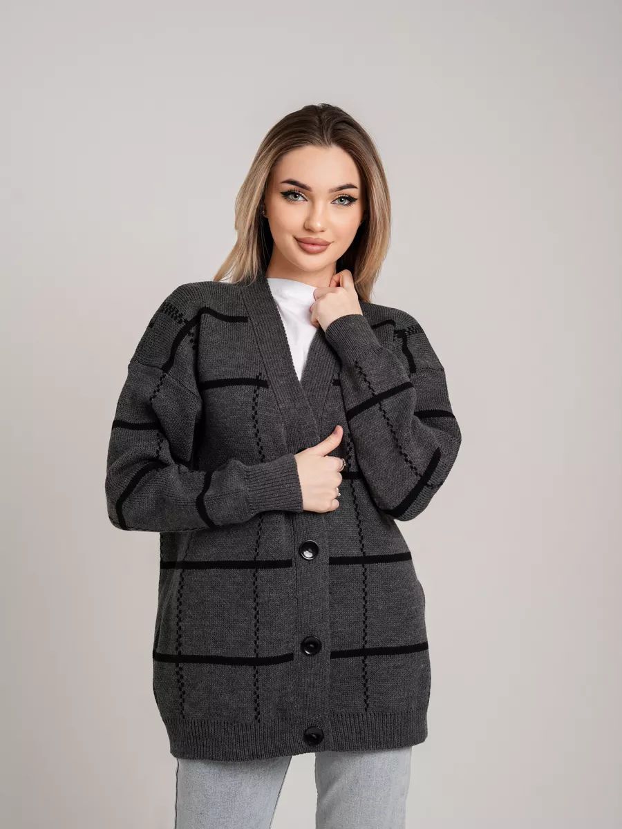 Damen lässiger Karoknitter-Cardigan mit Knöpfen und weitem Schnitt Heidi-Mode
