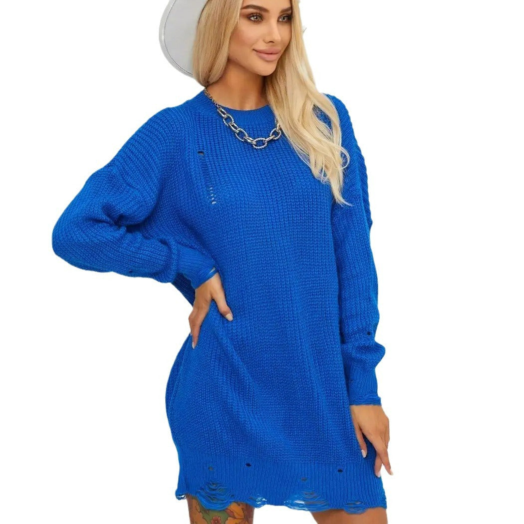 Damen lässiges Strickkleid mit weitem Schnitt und ausgefransten Säumen Heidi-Mode