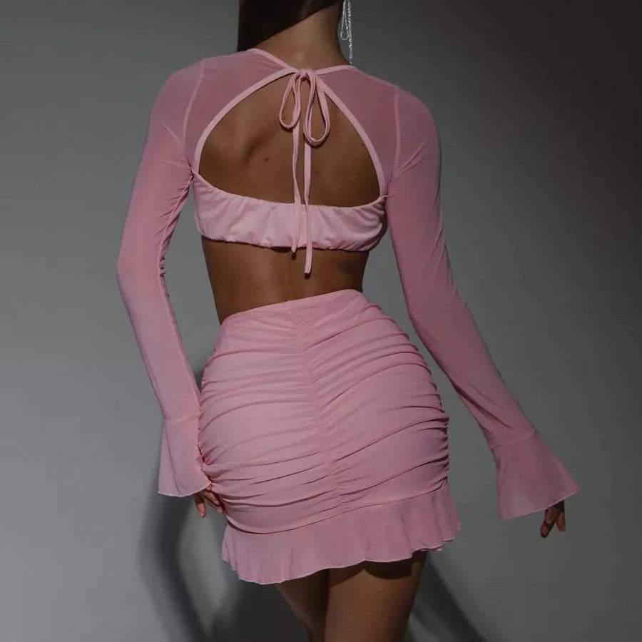 Damen Oberteil und Minirock Set mit transparenten Ärmeln und geschmeidigem Material Heidi-Mode