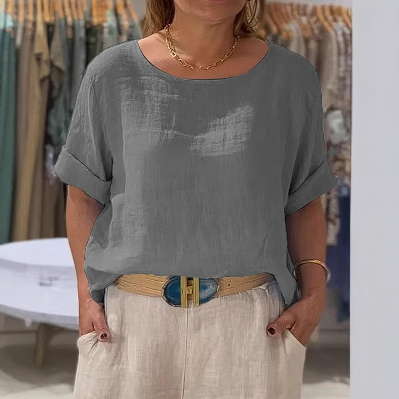 Damen lässige Leinenbluse mit umschlagbaren Ärmeln und elegantem Rundhalsausschnitt Heidi-Mode