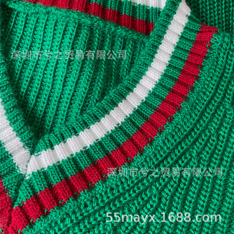 Damen Strickpullover mit V-Ausschnitt und gestreiften Details Heidi-Mode