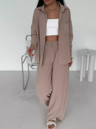 Damen lockerer Leinen-Hosenset mit eleganter Bluse und elastischem Bund Heidi-Mode