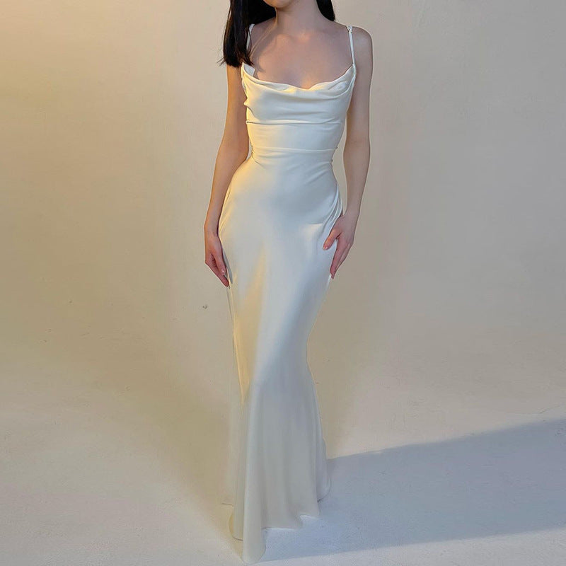 Damen elegantes Satin Maxikleid mit schickem Cowl-Ausschnitt und Spaghettiträgern Heidi-Mode