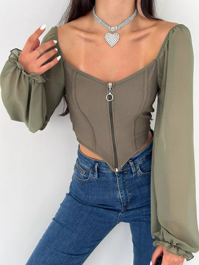 Damen Bluse mit Puffärmeln aus chiffonähnlichem Stoff und quadratischem Ausschnitt Heidi-Mode