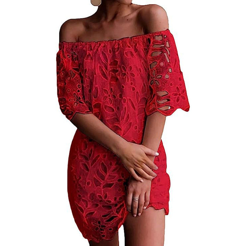 Damen Romantisches Off-Shoulder Kleid mit floralem Lochmuster und weit geschnittenen Ärmeln Heidi-Mode