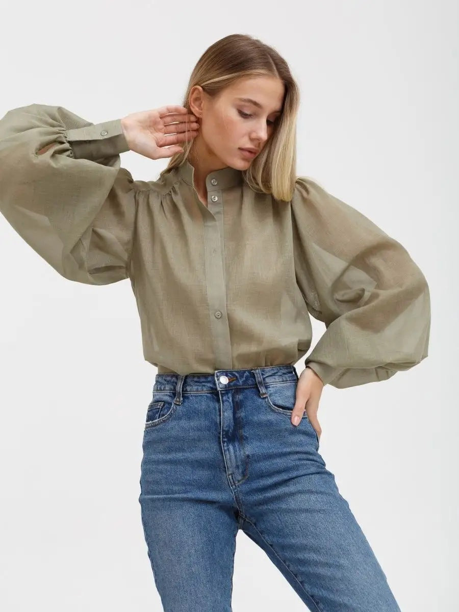 Damen Elegante Bluse mit voluminösen Puffärmeln und transparentem Stoff Heidi-Mode