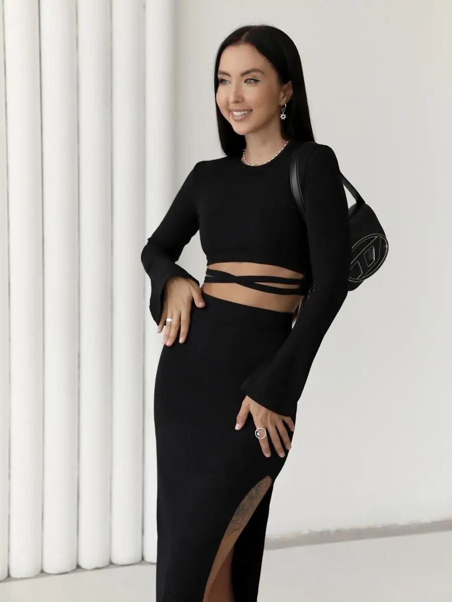 Damen Set mit taillierter Crop-Top und langem Rock mit hohem Schlitz Heidi-Mode