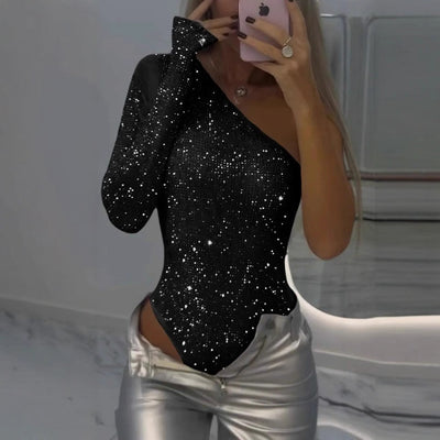 Damen Einseitig Glitzerndes Langarmoberteil mit figurbetontem Schnitt Heidi-Mode