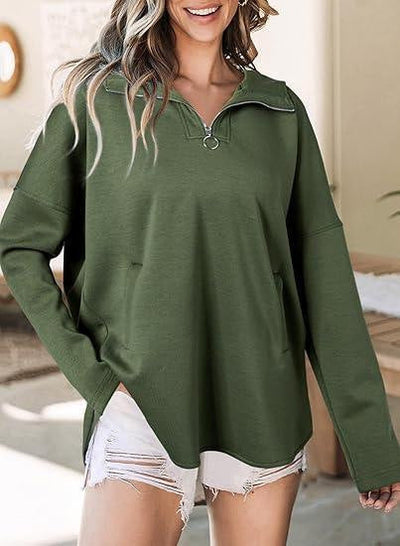 Damen bequemer Oversized Pullover mit Halb-Reißverschluss und praktischen Taschen Heidi-Mode