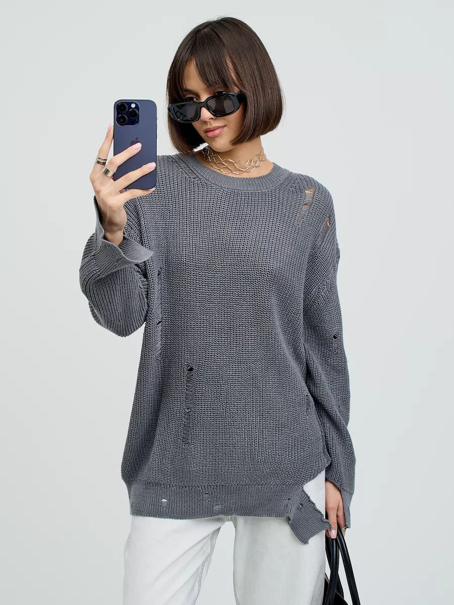 Damen lässiger Strickpullover mit angesagtem Waffelmuster und modischen Cut-Out-Verzierungen Heidi-Mode