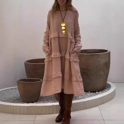 Damen Leinenkleid mit voluminösem Schichten-Design und seitlichen Taschen Heidi-Mode