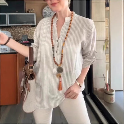 Damen lässige Bluse mit Knopfleiste und Streifenmuster Heidi-Mode