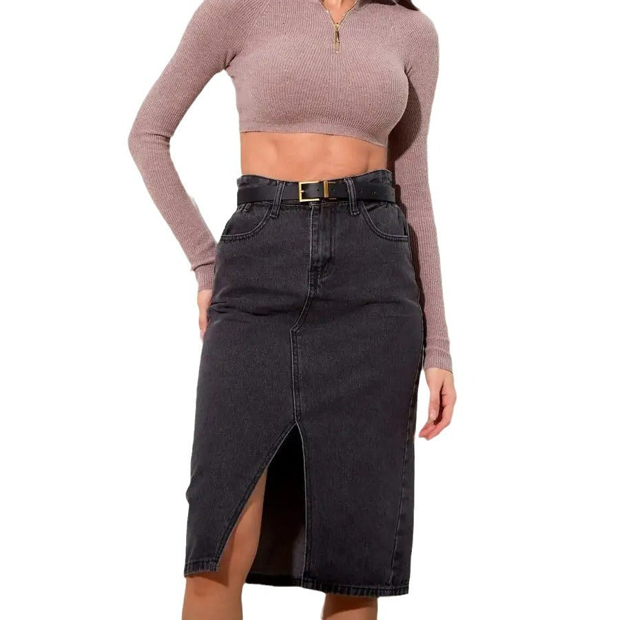 Damen denim Midirock mit hohem Schlitz und vielseitigem Design Heidi-Mode