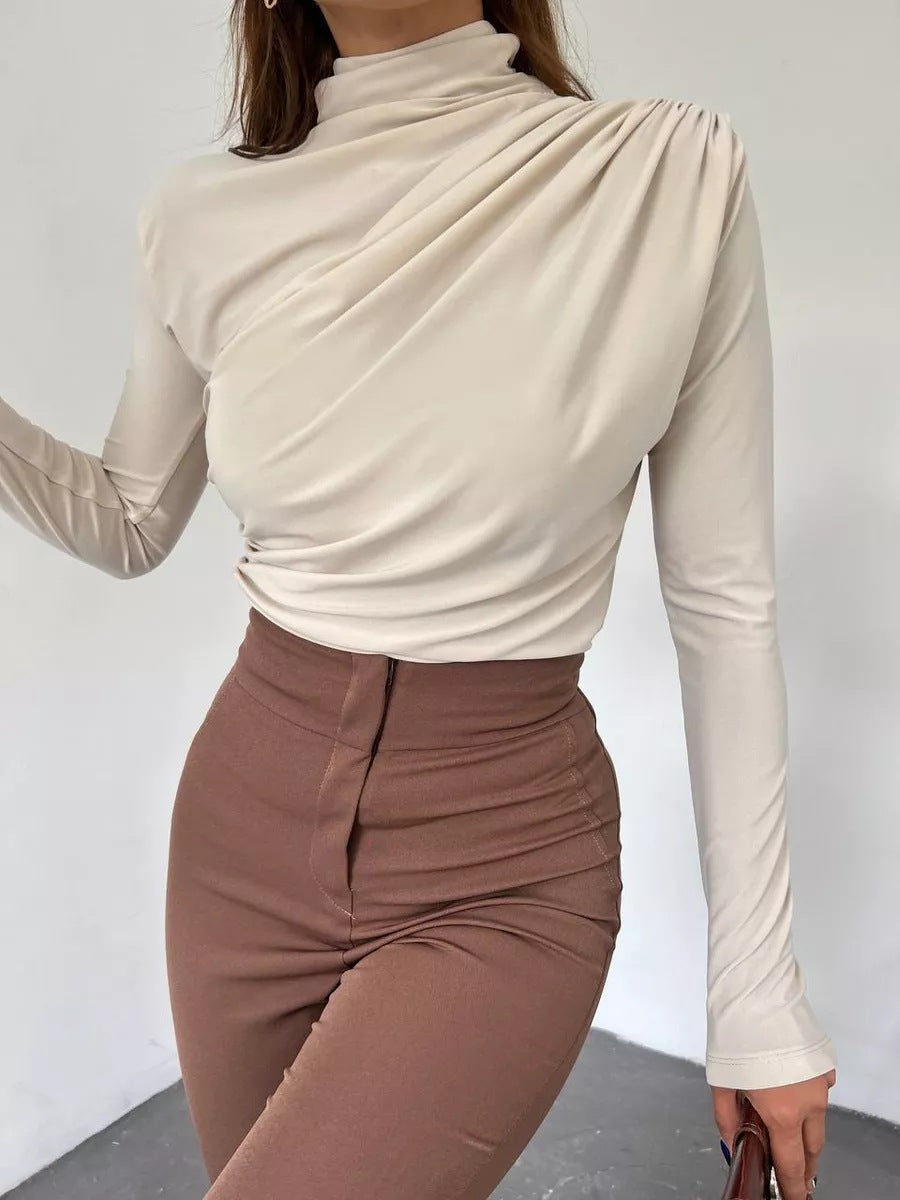 Damen Langarm Shirt mit elegantem Stehkragen und raffiniertem Drapé Heidi-Mode