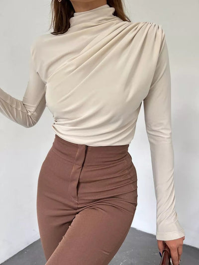 Damen Langarm Shirt mit elegantem Stehkragen und raffiniertem Drapé Heidi-Mode