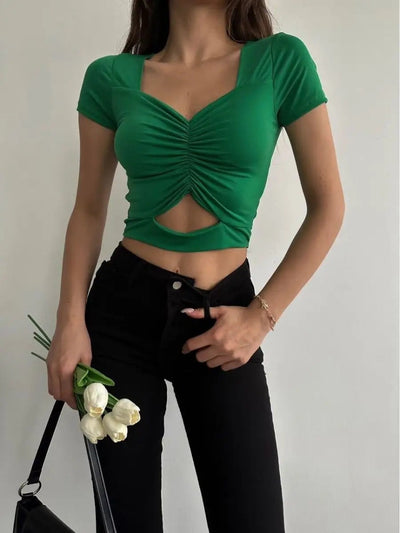 Damen figurbetontes Oberteil mit V-Ausschnitt und gerafftem Design Heidi-Mode