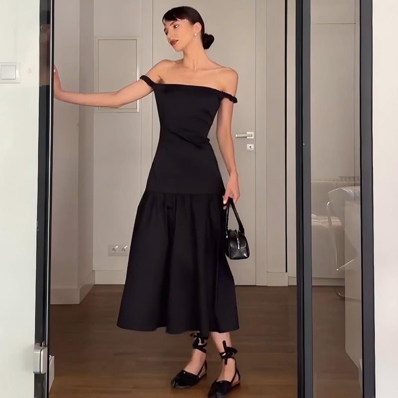 Damen Elegantes Off-Shoulder Kleid mit fließendem Rock und Rüschendetails Heidi-Mode