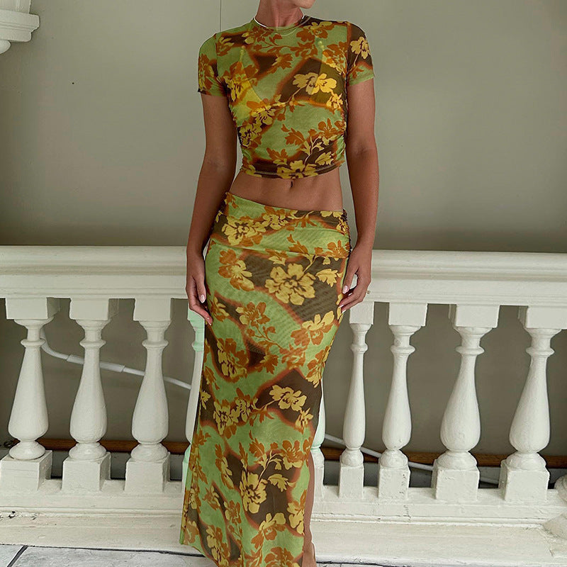 Damen Crop-Top und Maxi-Rock Set mit floralen Mustern und elastischem Bund Heidi-Mode