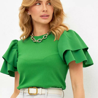 Damen Oberteil mit voluminösen Rüschendetails und feinem Rippmuster Heidi-Mode