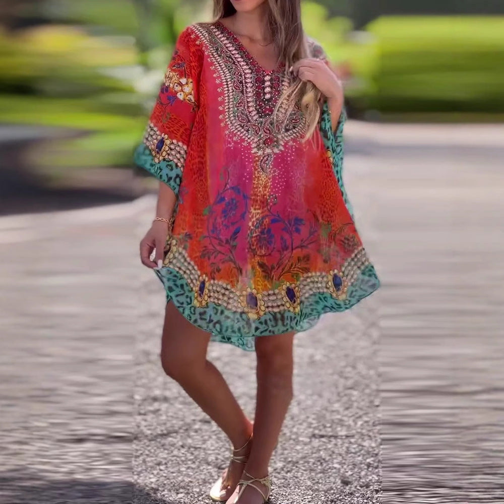 Damen lässiges Kaftan-Kleid mit V-Ausschnitt und exquisite Druckmuster Heidi-Mode