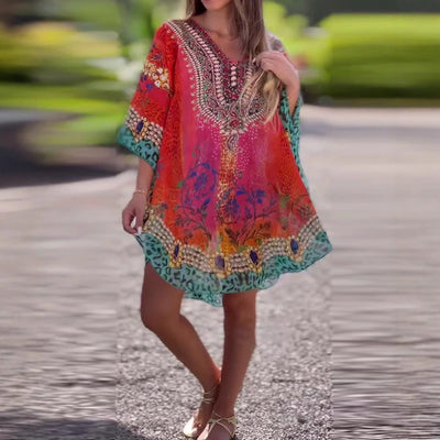 Damen lässiges Kaftan-Kleid mit V-Ausschnitt und exquisite Druckmuster Heidi-Mode