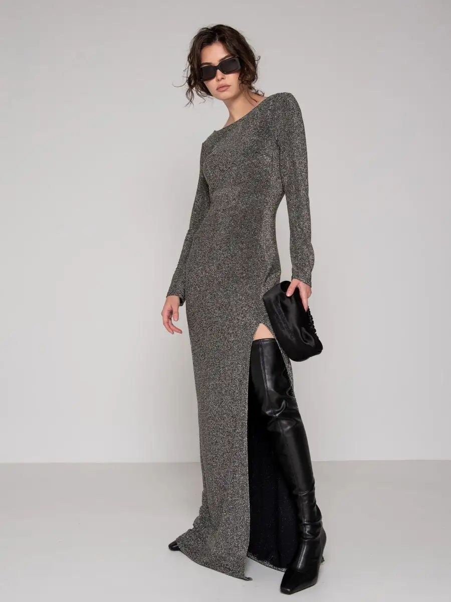 Damen Glamouröses Maxikleid mit langem Arm und eleganter Rückenansicht Heidi-Mode