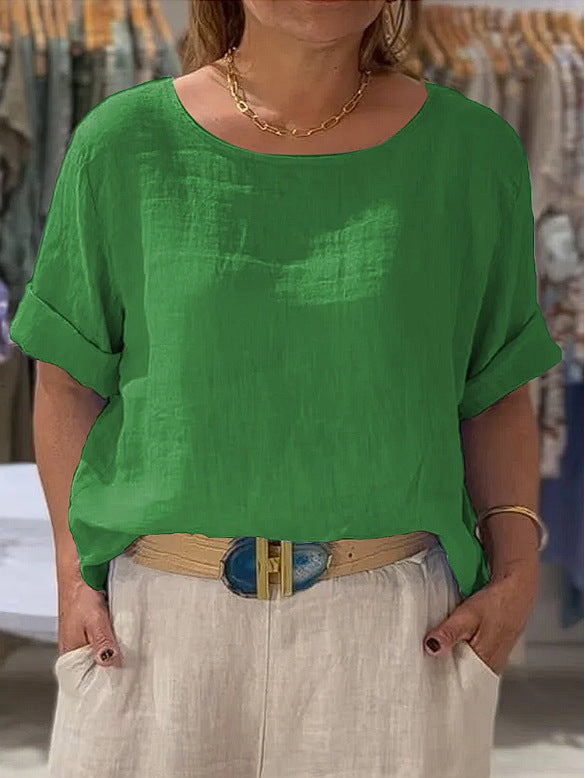 Damen lässige Leinenbluse mit umschlagbaren Ärmeln und elegantem Rundhalsausschnitt Heidi-Mode