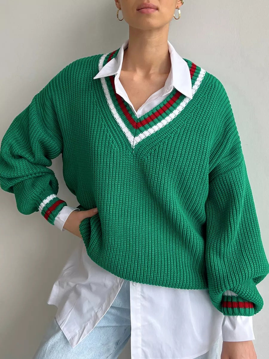 Damen Strickpullover mit V-Ausschnitt und gestreiften Details Heidi-Mode