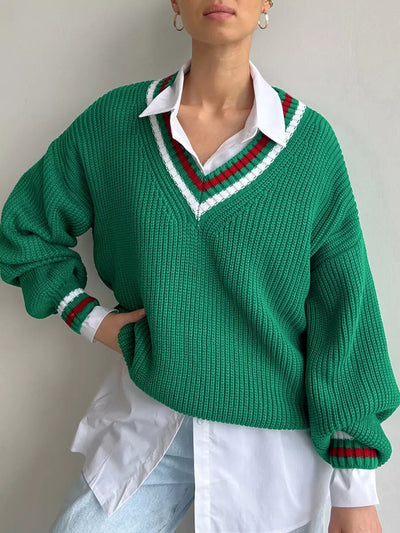 Damen Strickpullover mit V-Ausschnitt und gestreiften Details Heidi-Mode