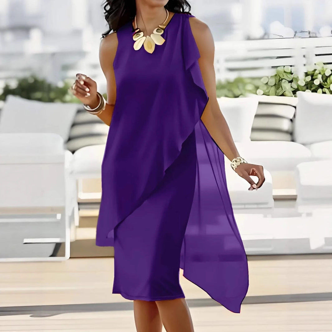 Damen asymmetrisches Chiffonkleid mit raffiniertem Rüschendetail Heidi-Mode