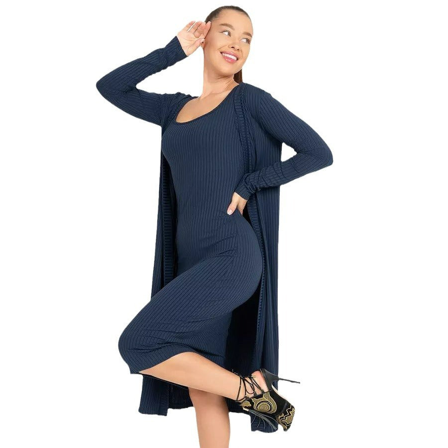 Damen gestreiftes Langarmkleid mit passendem Cardigan Heidi-Mode