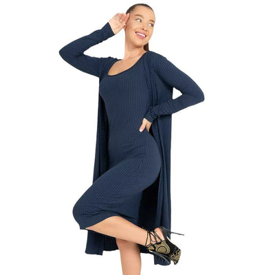 Damen gestreiftes Langarmkleid mit passendem Cardigan Heidi-Mode