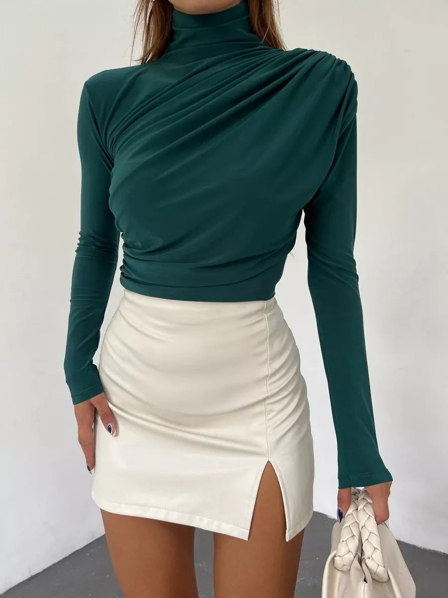 Damen Langarm Shirt mit elegantem Stehkragen und raffiniertem Drapé Heidi-Mode