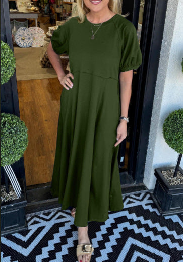 Damen Maxikleid mit schwingendem Schnitt und eleganten Puffärmeln Heidi-Mode