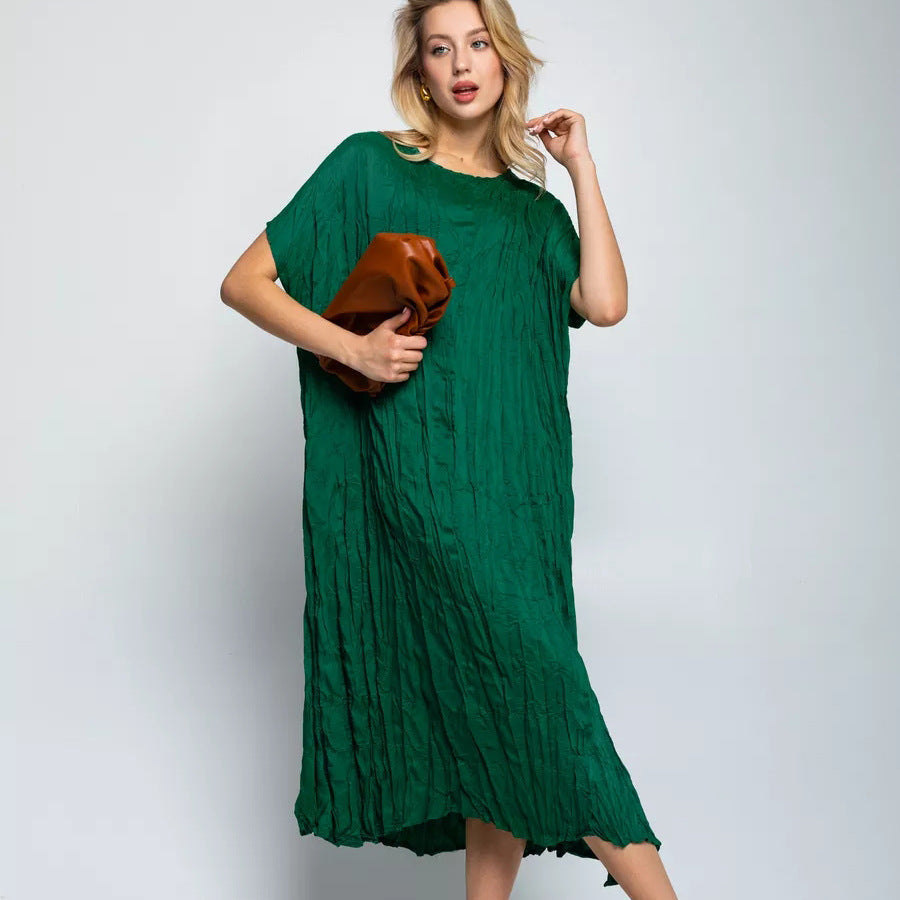 Damen lässiges Midikleid aus leichtem Stoff mit Faltenwurf und kurzem Arm Heidi-Mode