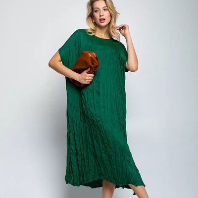 Damen lässiges Midikleid aus leichtem Stoff mit Faltenwurf und kurzem Arm Heidi-Mode