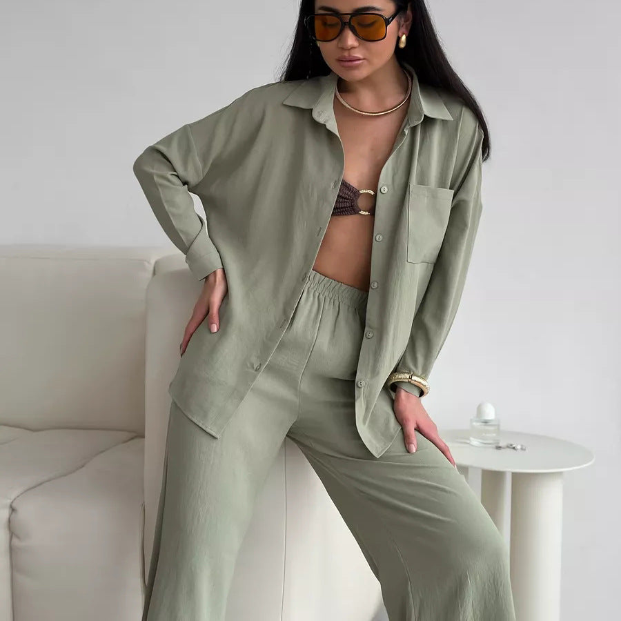 Damen lockerer Leinen-Hosenset mit eleganter Bluse und elastischem Bund Heidi-Mode
