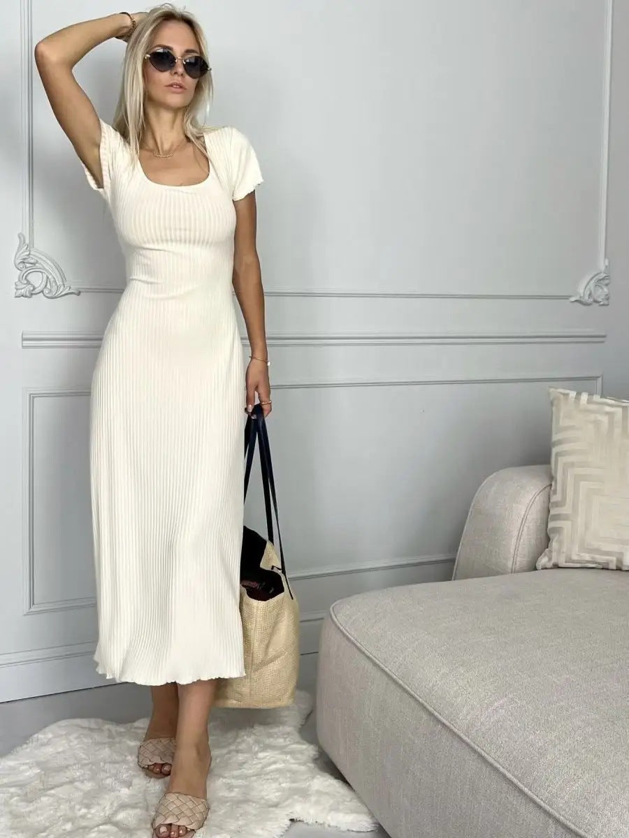 Damen Midikleid mit schickem Rippenstruktur und eleganten Puffärmeln Heidi-Mode